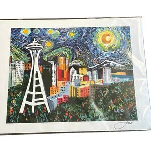 Seattle Washington Starry Night Skyline - Print by Leo signed